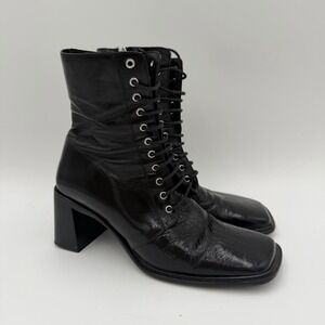 L'Intervalle Black Patent Leather Boots Lace Up Square Toe Women's 7.5 EU 38